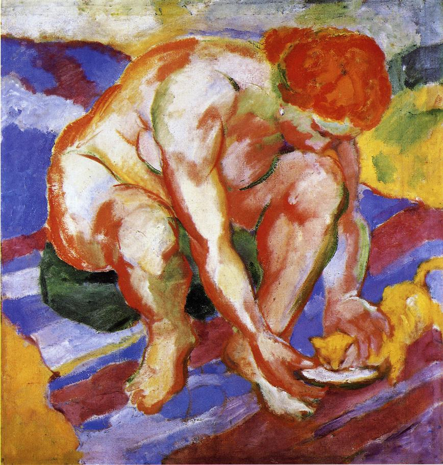 (image for) Handmade oil painting Copy paintings of famous artists Franz Marc's art Nude with Cat 1910 - Click Image to Close